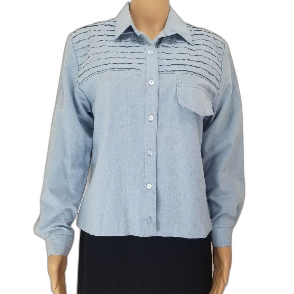 80s Blue Button Up Cowboy Western Collar Pocket Shirt Size Small Women's